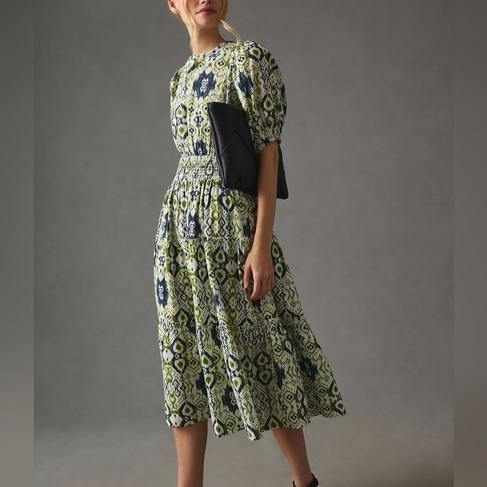 The Odells Bailey Smocked Puff-Sleeve Dress In Army Multi Size S